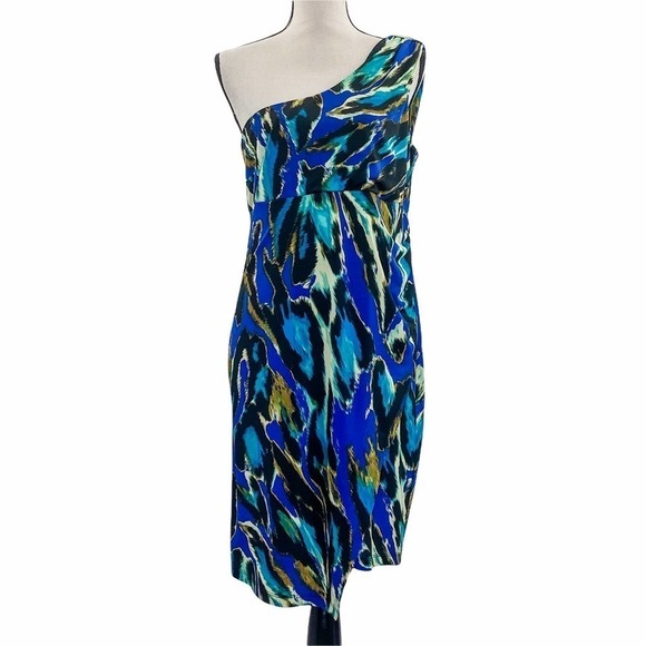 Abs Silver Label One Shoulder Multicolored Aztec Print Mini Sheath Dress - Picture 1 of 12